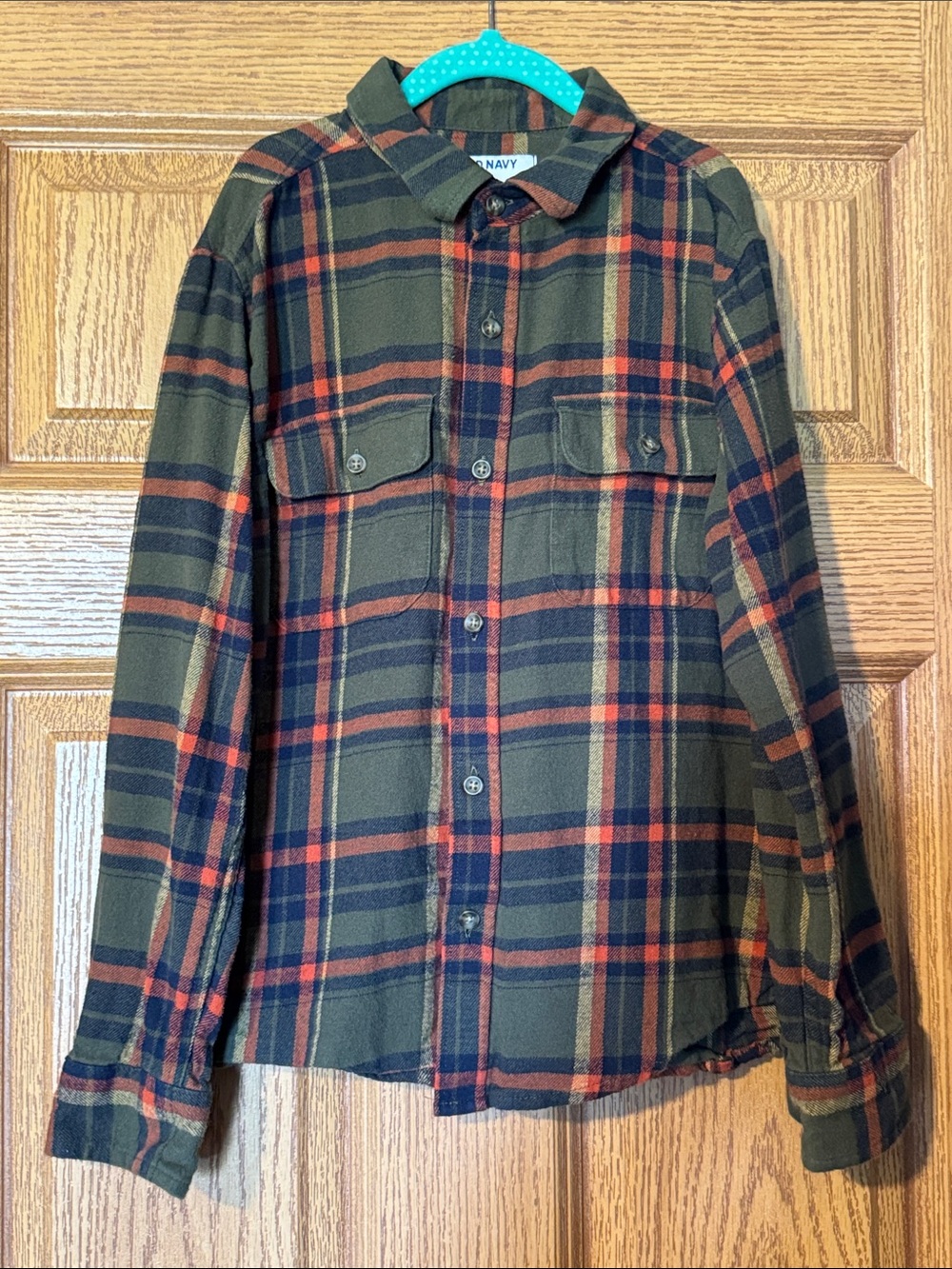 Old Navy Olive and Orange Plaid Button-Up Shirt
